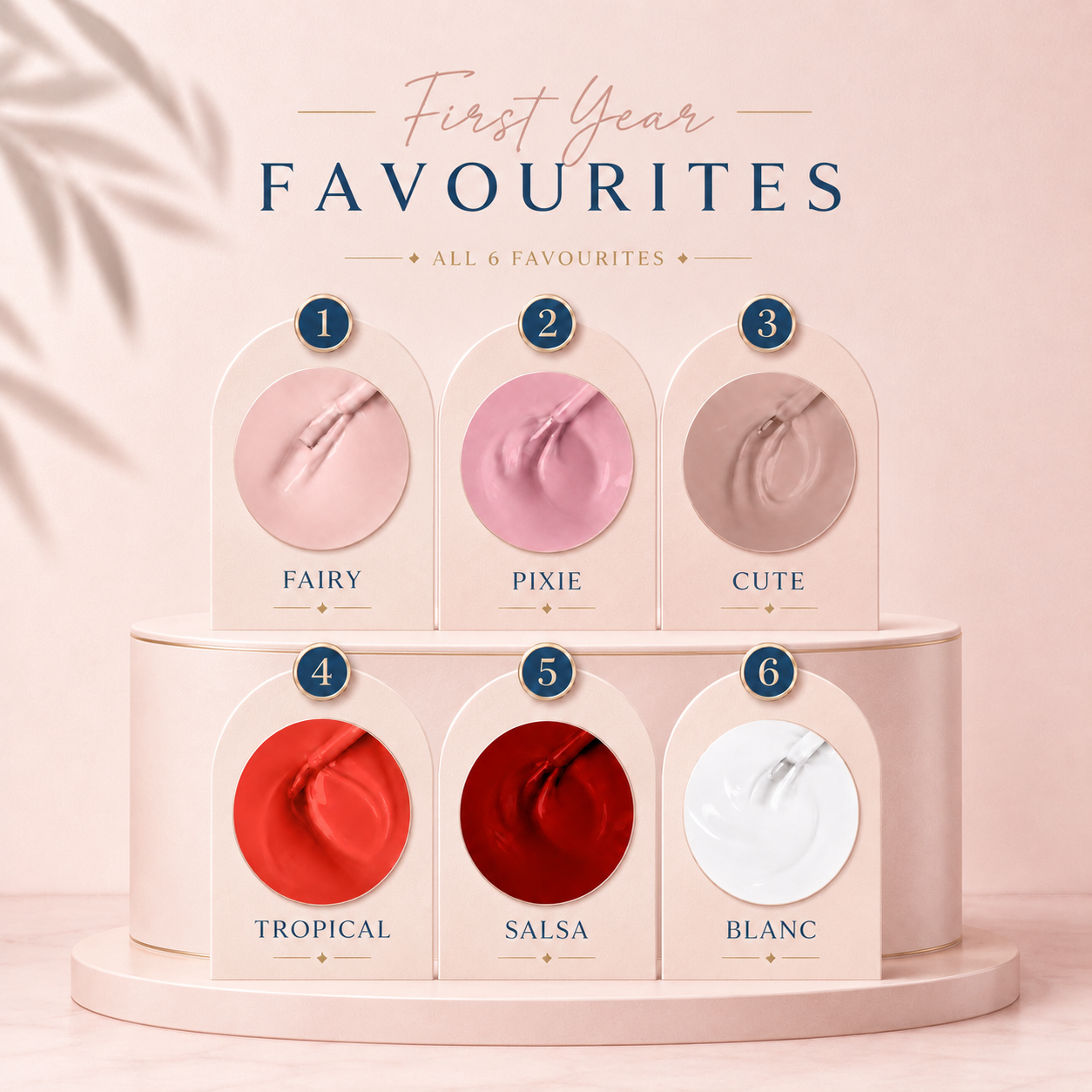 Display of six nail products labeled 'Fairy', 'Pixie', 'Cute', 'Tropical', 'Salsa', and 'Blanc' on a pink background.