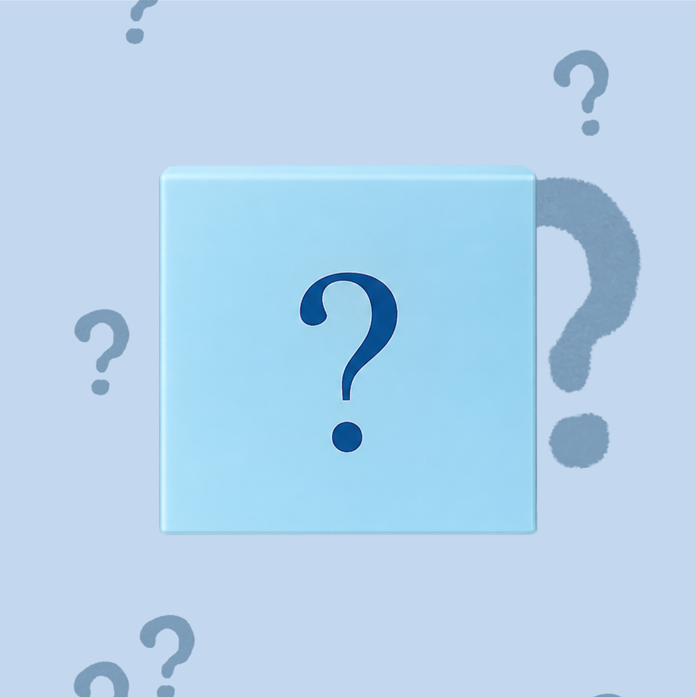 Blue question mark icon with more question marks on a light blue background